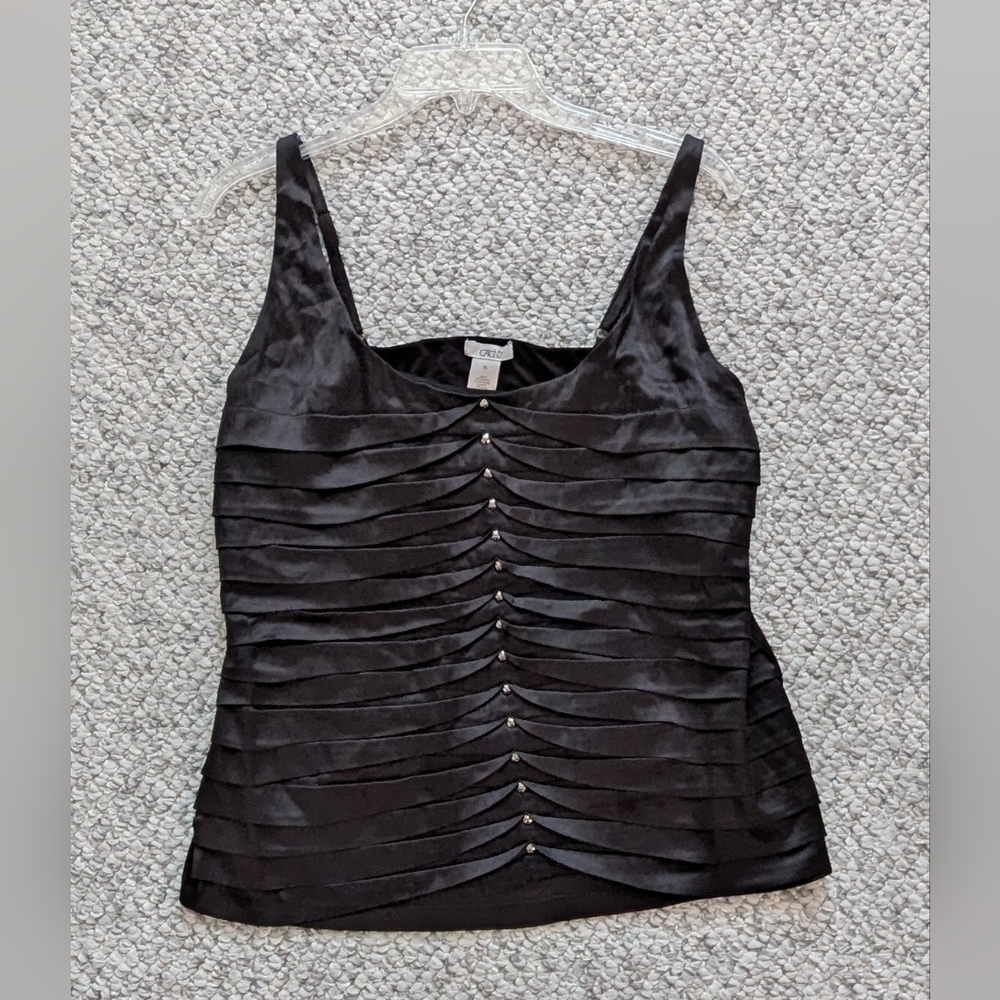 Cache Women's (Size XL) Black Silky Pleated Camisole with Silver Stud Accents